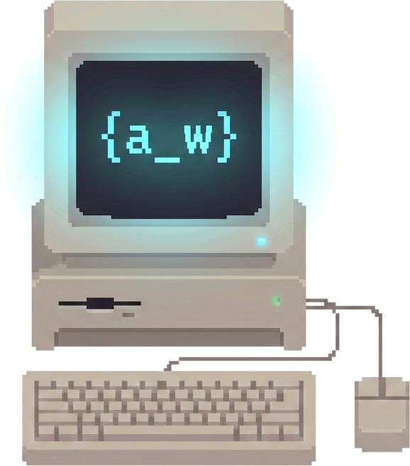 A retro computer displaying {a_w} on its screen